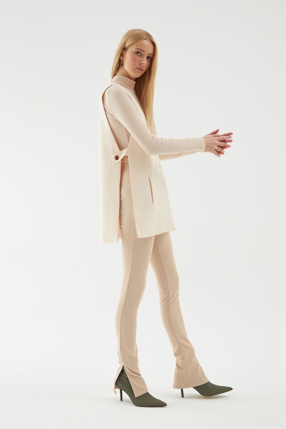 Open Side Buttoned Vest Jacket Beige