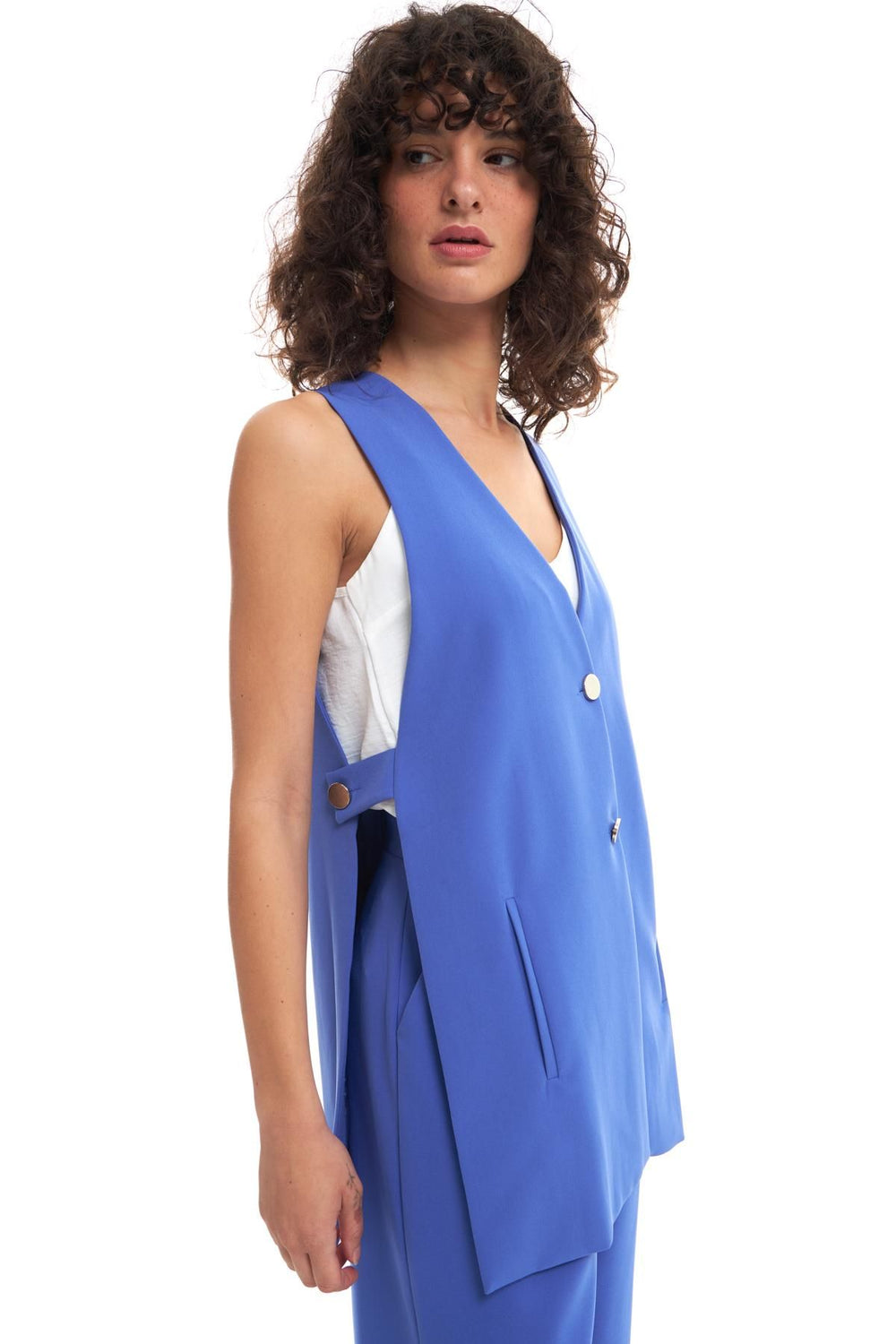 Open Side Buttoned Vest Jacket Dark Blue