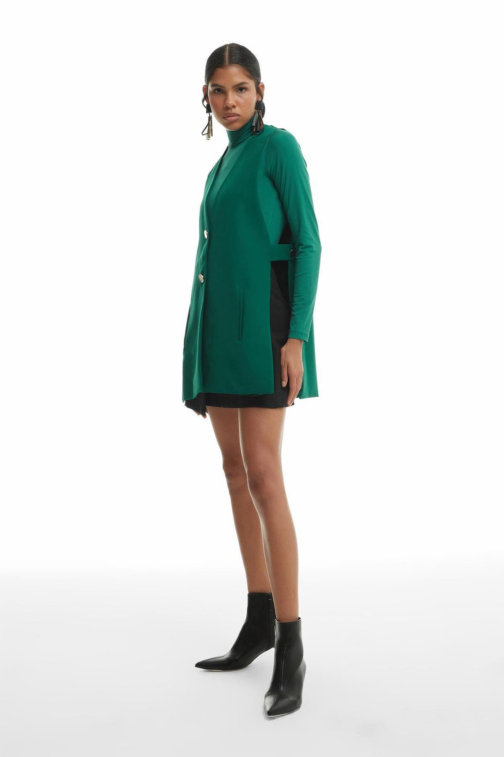 Yanları Açık Düğmeli Yelek Ceket Koyu Yeşil