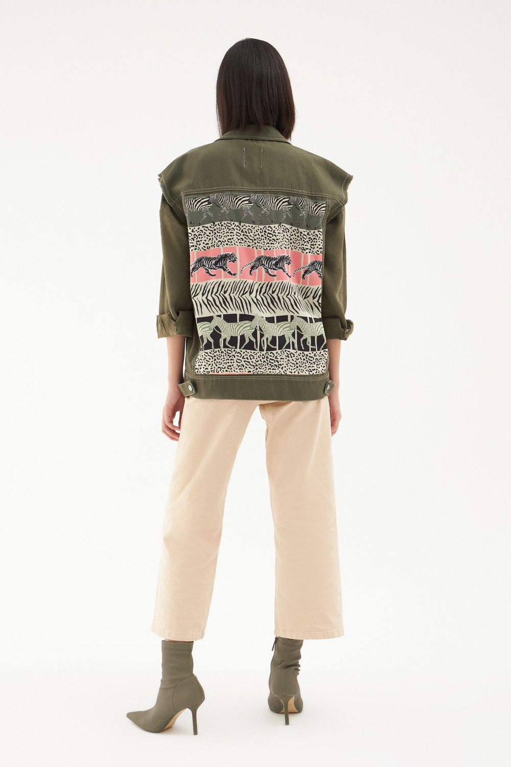 Back Printed Sleeveless Vest Khaki