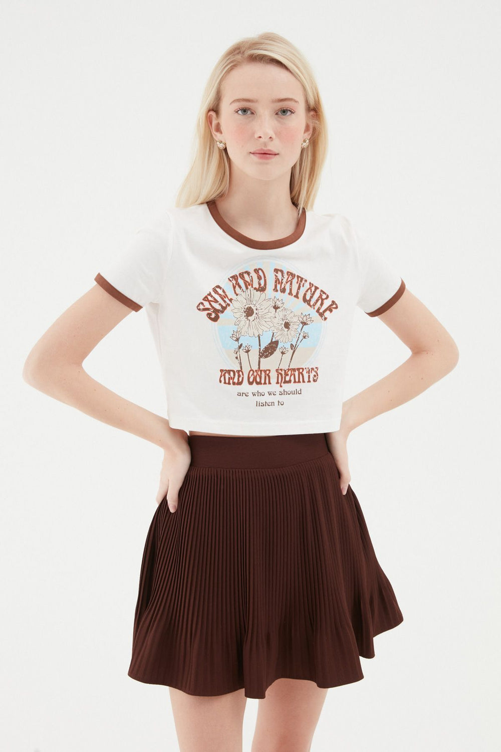 Yazı Baskılı Crop Tişört Ekru