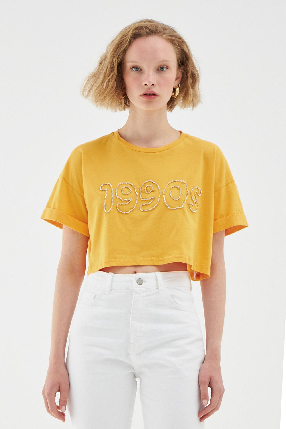 Aksesuar Baskılı Crop Tişört Turuncu