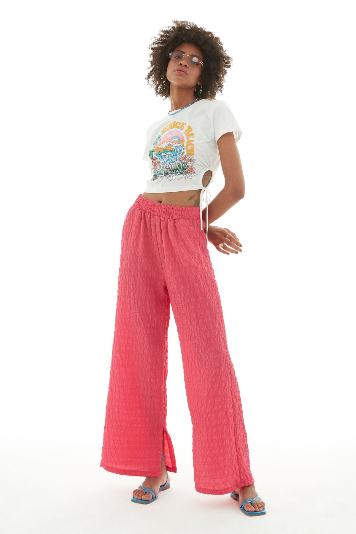 Side Pleated Crop T-Shirt Ecru