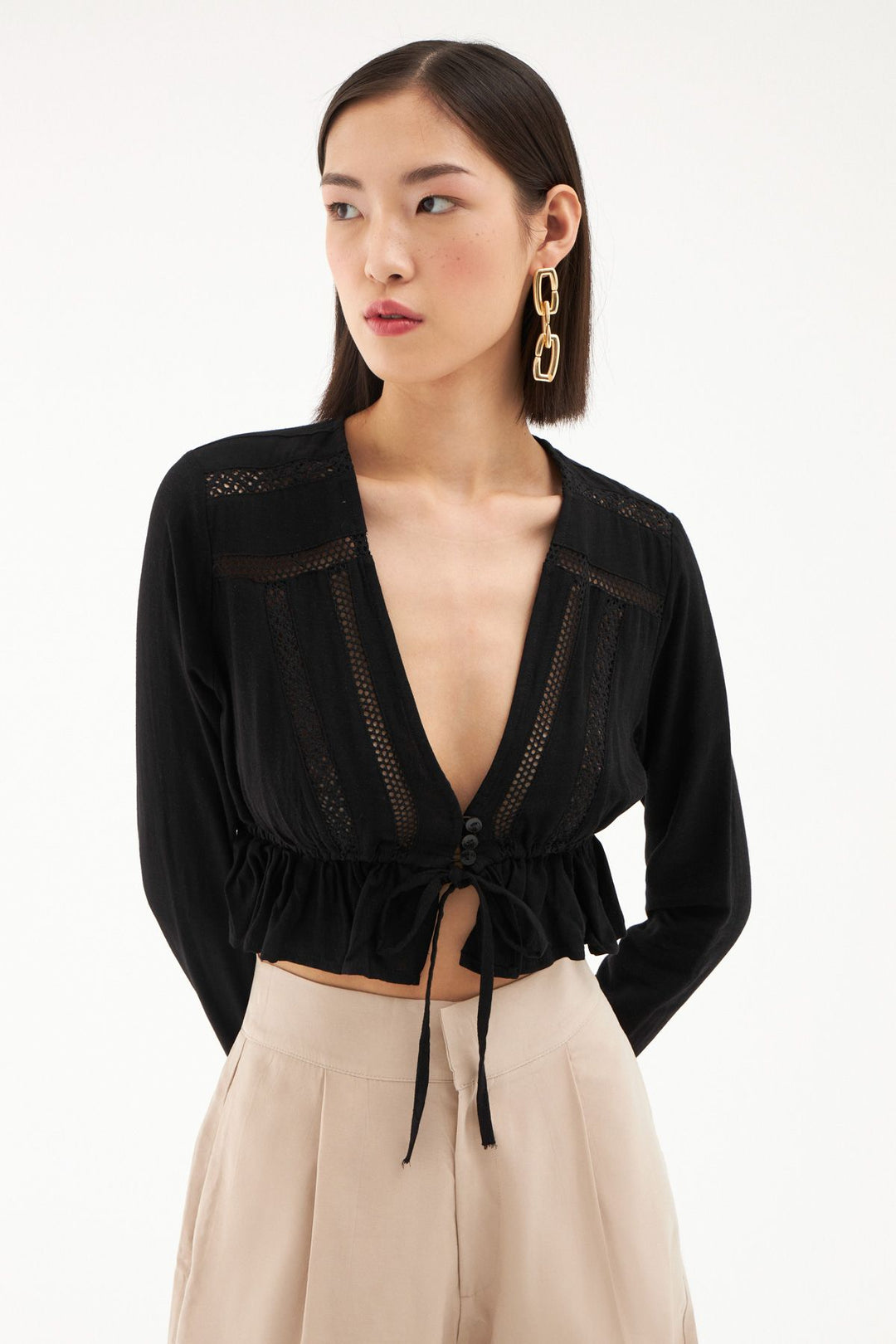 Pleated Waist V Neck Linen Blouse Black