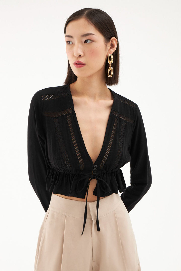 Pleated Waist V Neck Linen Blouse Black