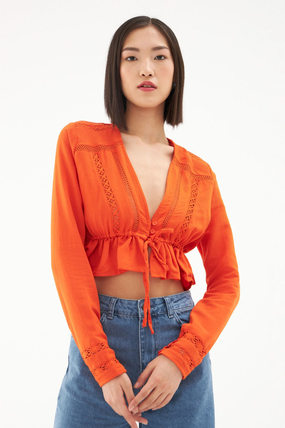 Pleated Waist V Neck Linen Blouse Orange