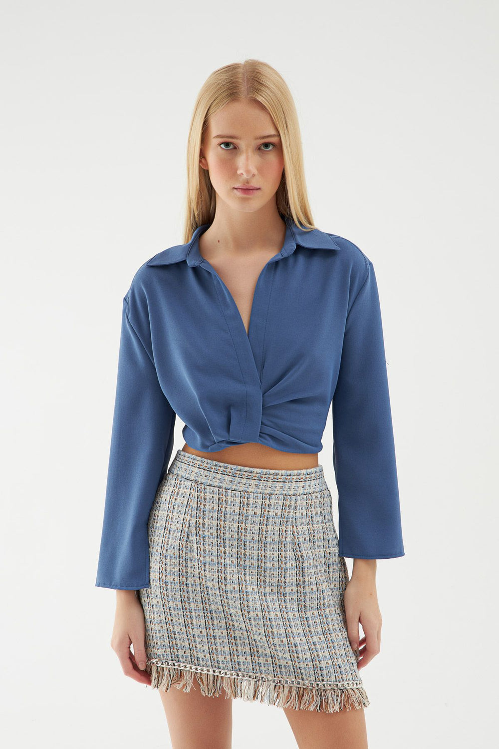 Elastic Waist Crop Shirt Indigo