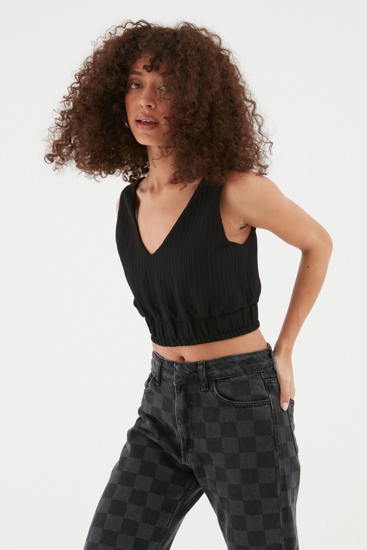 Elastic Waist Crop Blouse Black