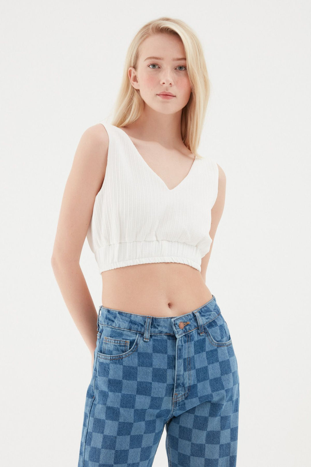 Beli Lastikli Crop Bluz Beyaz