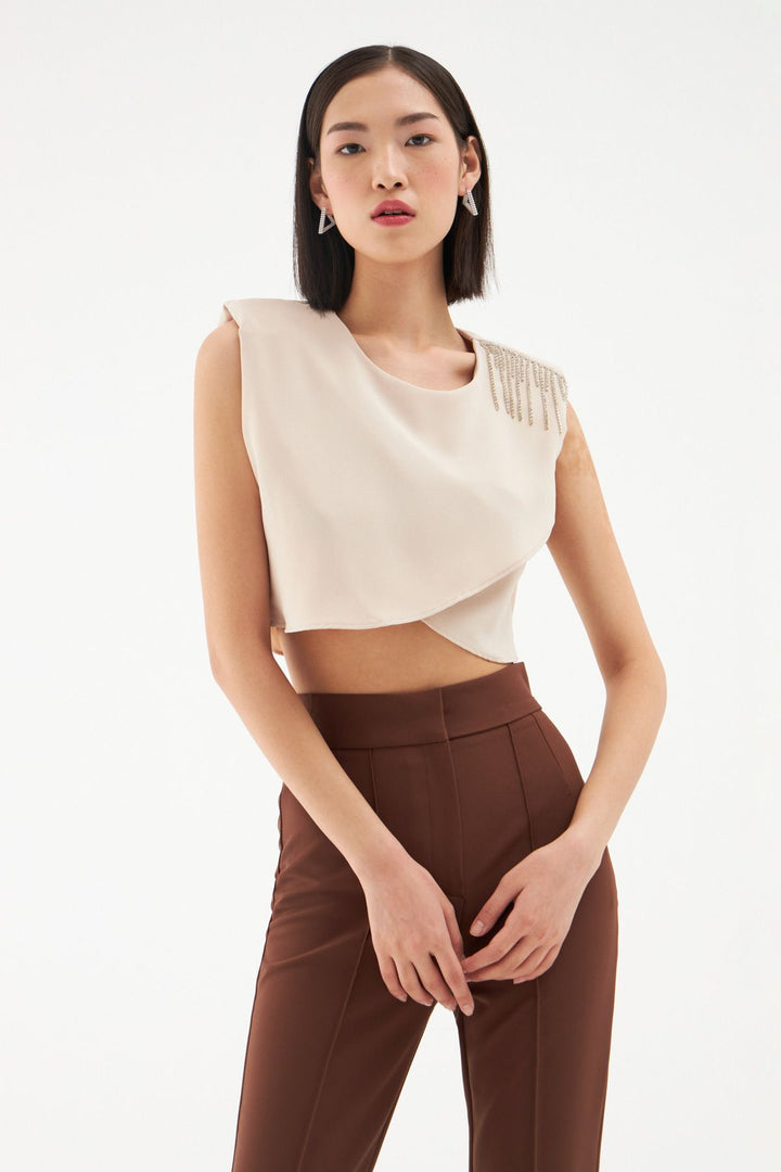 Embroidered Detailed Waistband Crop Blouse Beige