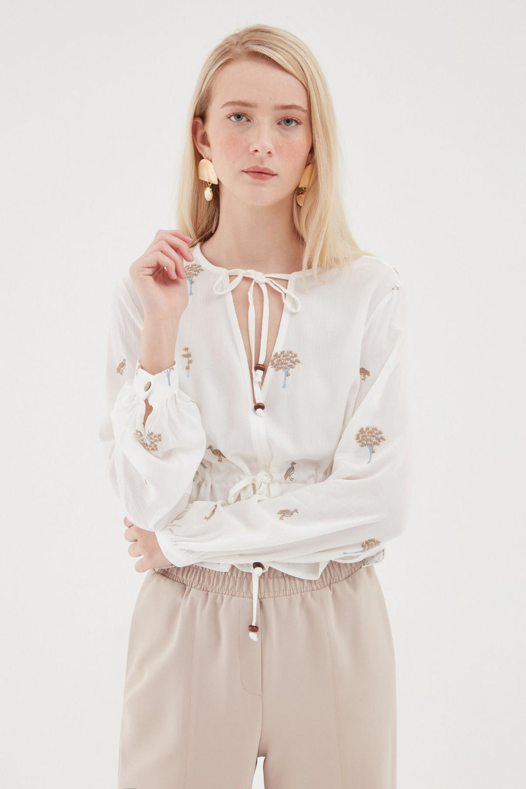 Patterned V-Neck Blouse White