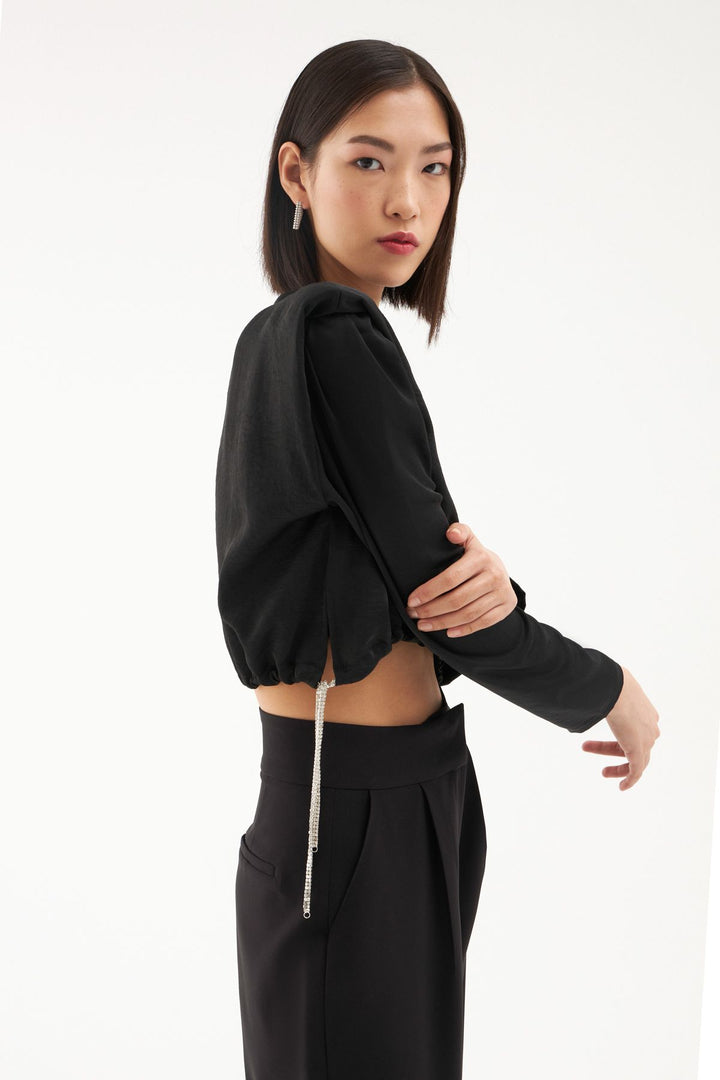 Waist Pleated Waistband Blouse Black