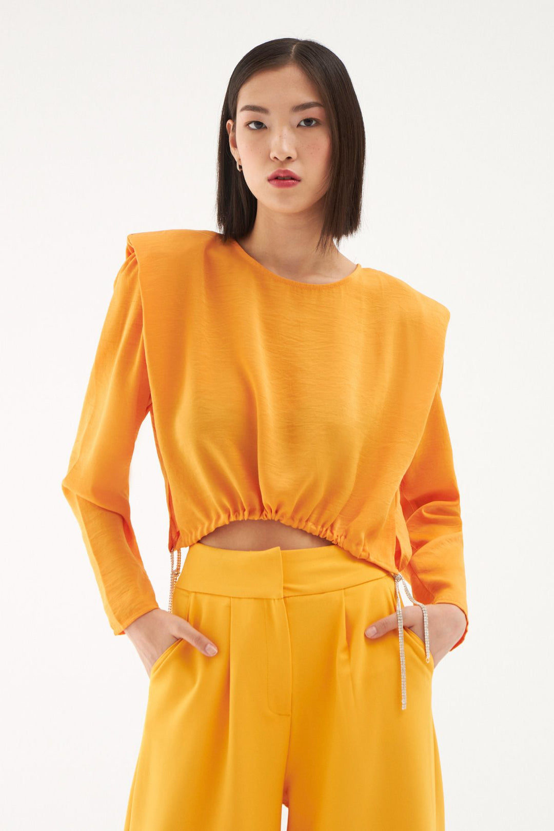Waist Pleated Waistband Blouse Orange