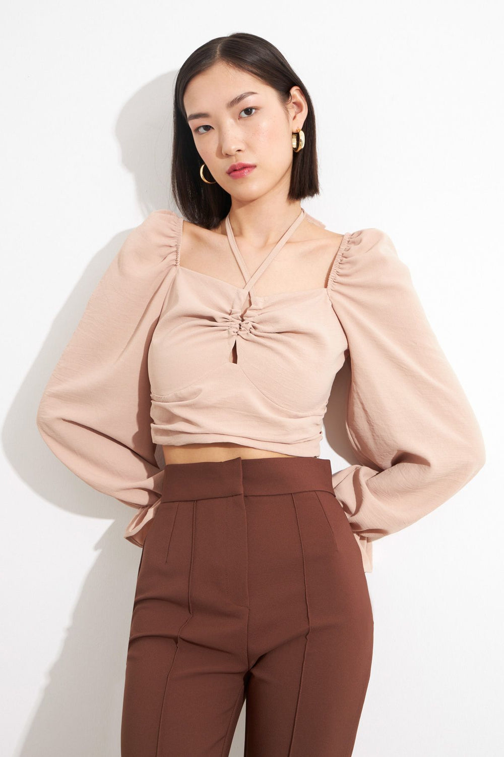 Tie Detailed Balloon Sleeve Blouse Beige