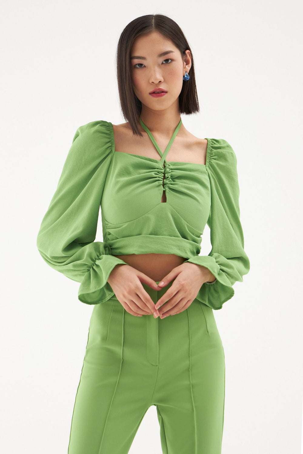 Tie Detailed Balloon Sleeve Blouse Green