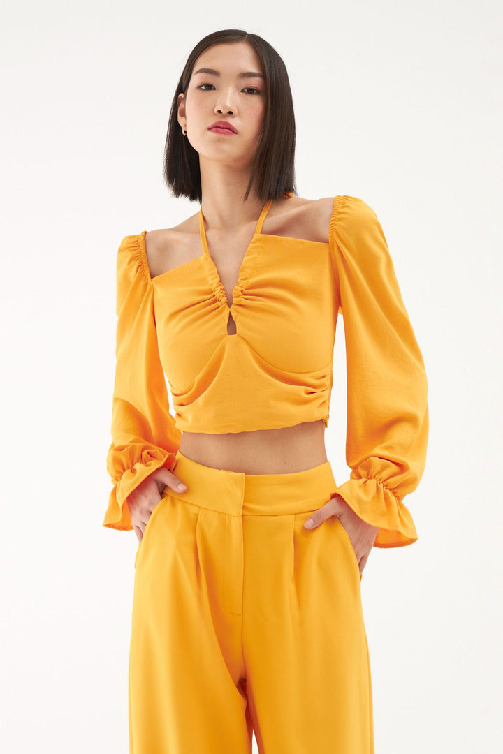 Tie Detailed Balloon Sleeve Blouse Orange