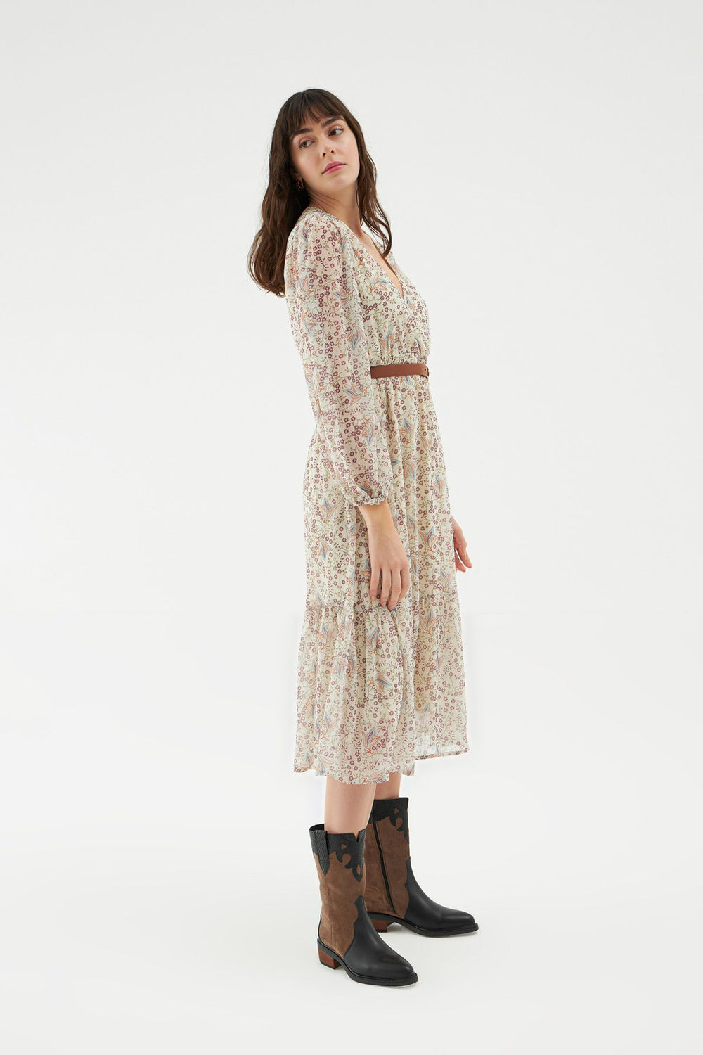 Kemerli Kruvaze Elbise Bej