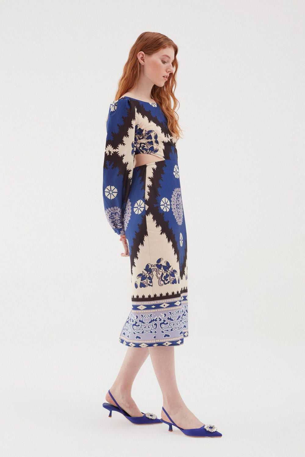 Desenli Cut Out Midi Elbise Lacivert