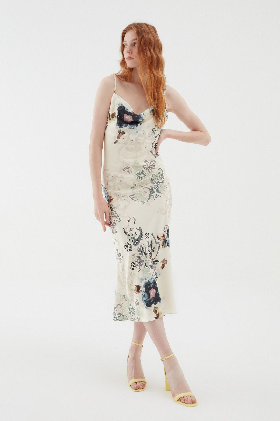 Patterned Plunging Collar Satin Dress Ecru