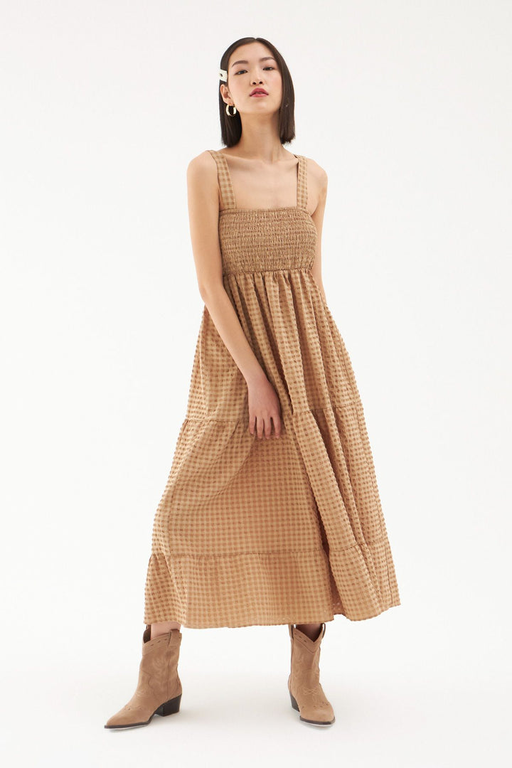 Askılı Fırfır Detaylı Elbise Bej