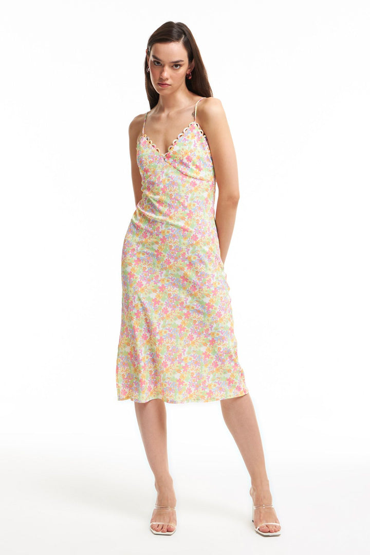 Askılı Desenli Uzun Elbise Yeşil