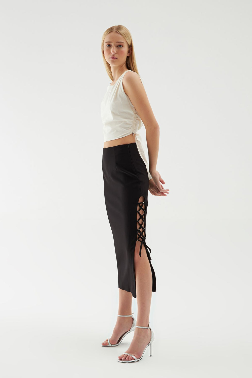 Tie Tie Detailed Midi Skirt Black