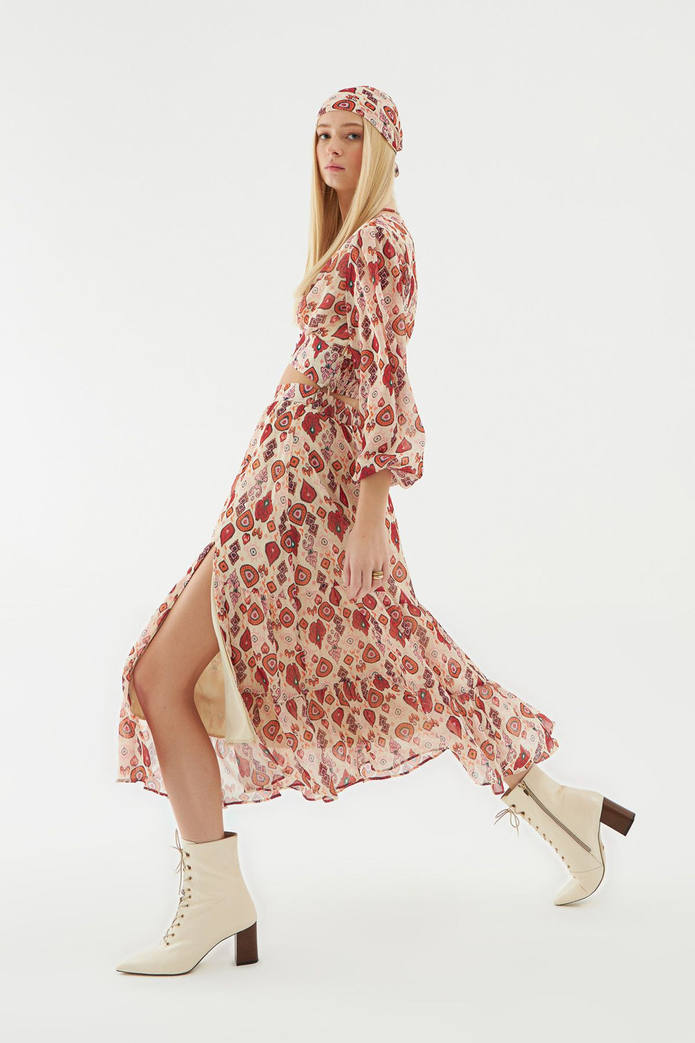 Tulle Detailed Slit Midi Skirt Beige