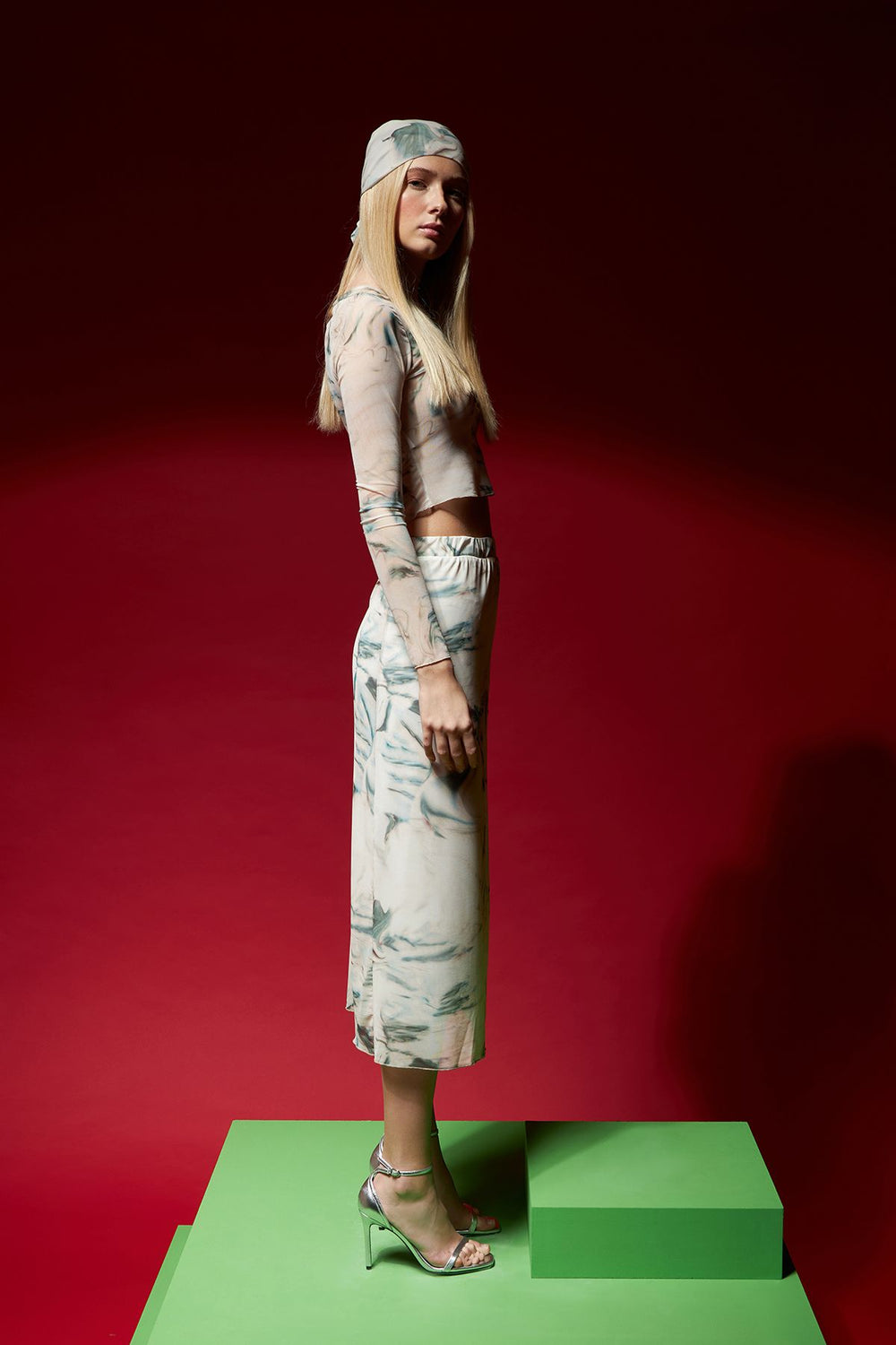 Tie-Dye Patterned Tulle Midi Skirt Stone