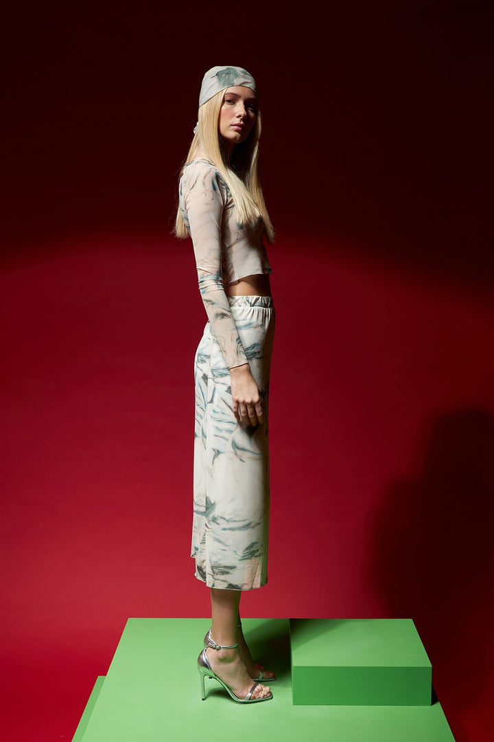 Tie-Dye Patterned Tulle Midi Skirt Stone