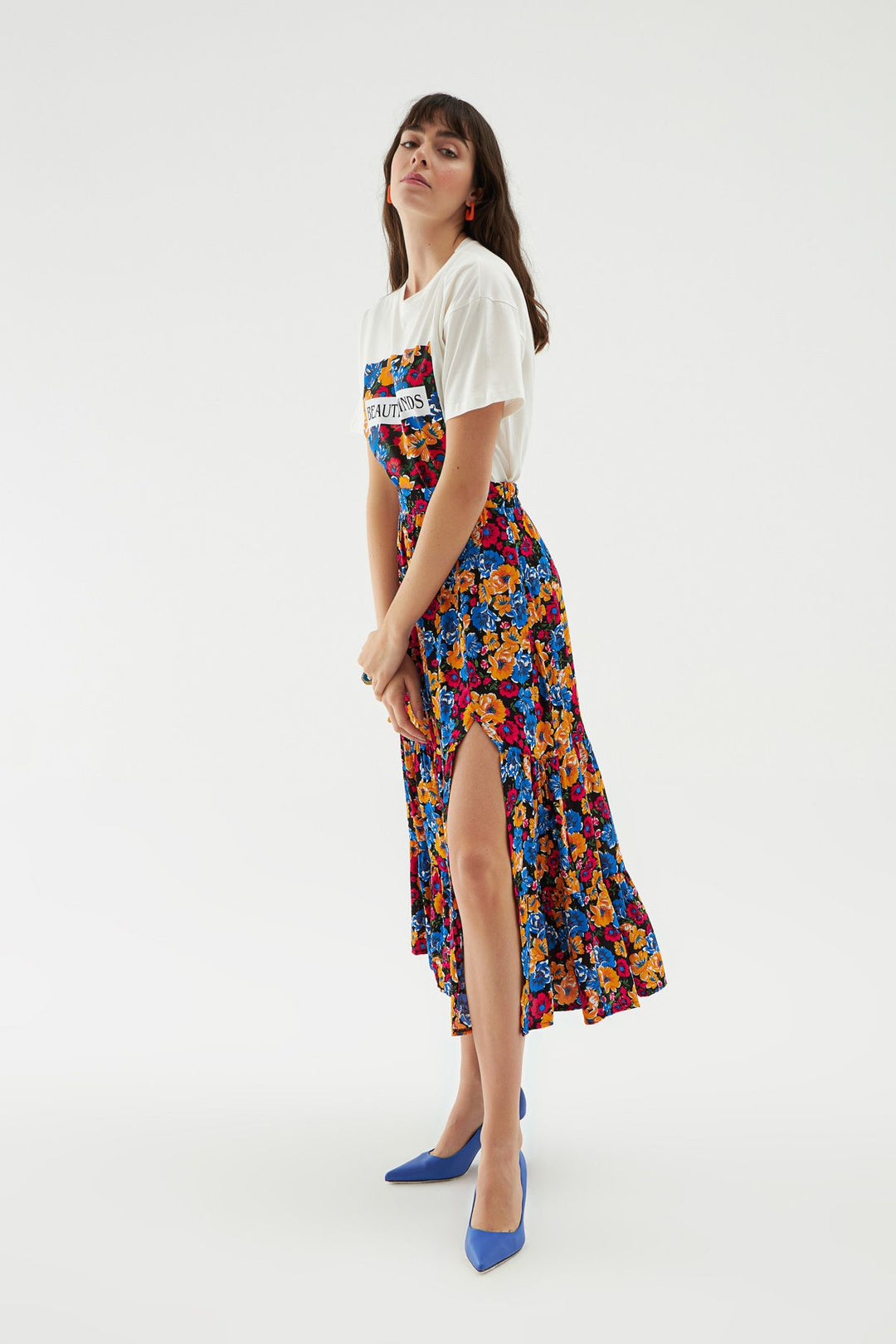 Floral Slit Midi Length Skirt Navy Blue