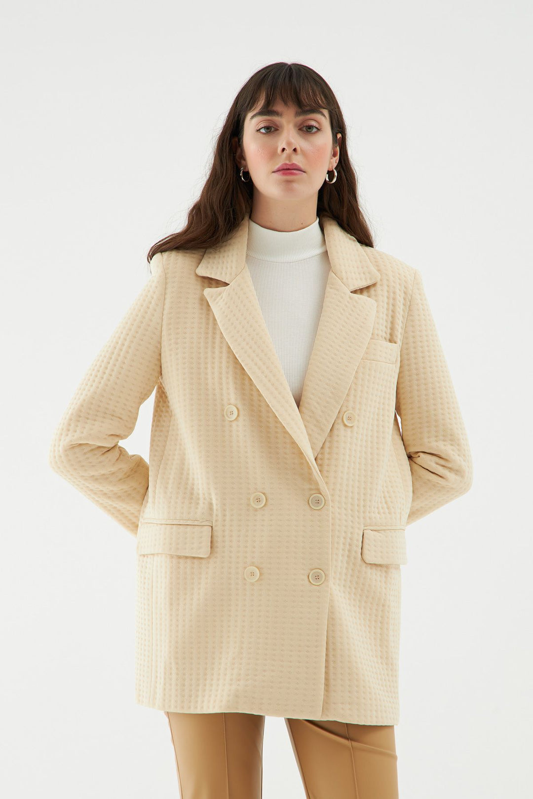 Dokulu Blazer Ceket Bej