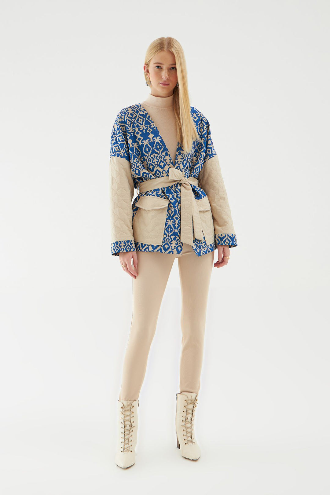 Tie Waist Quilted Jacket Blue