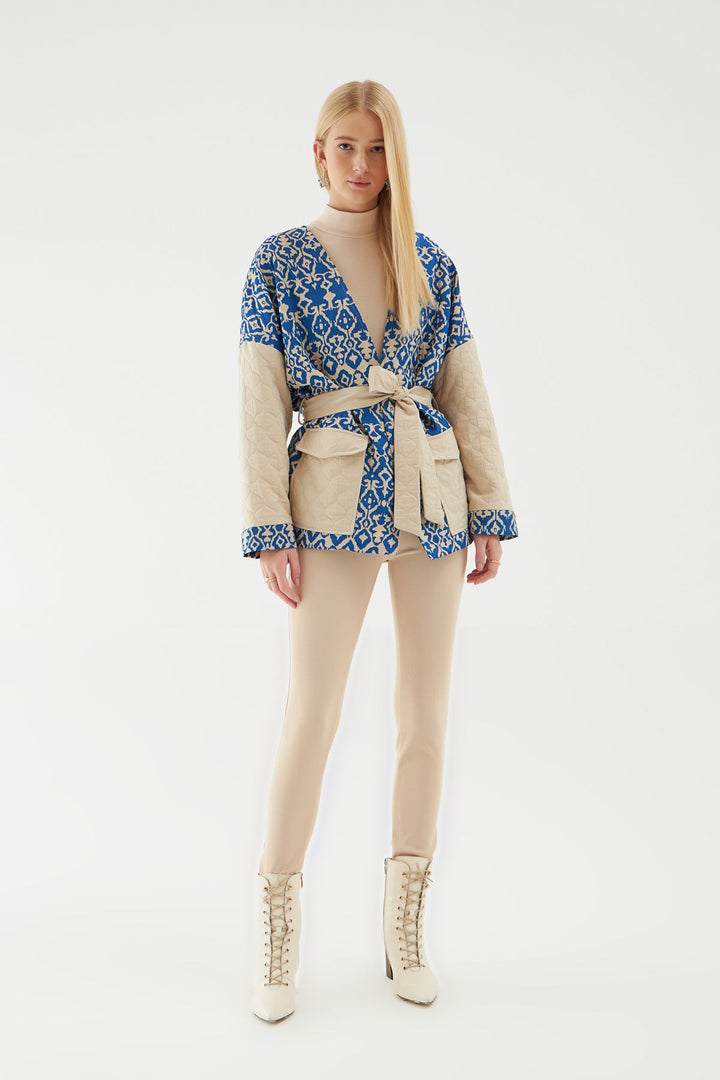 Tie Waist Quilted Jacket Blue