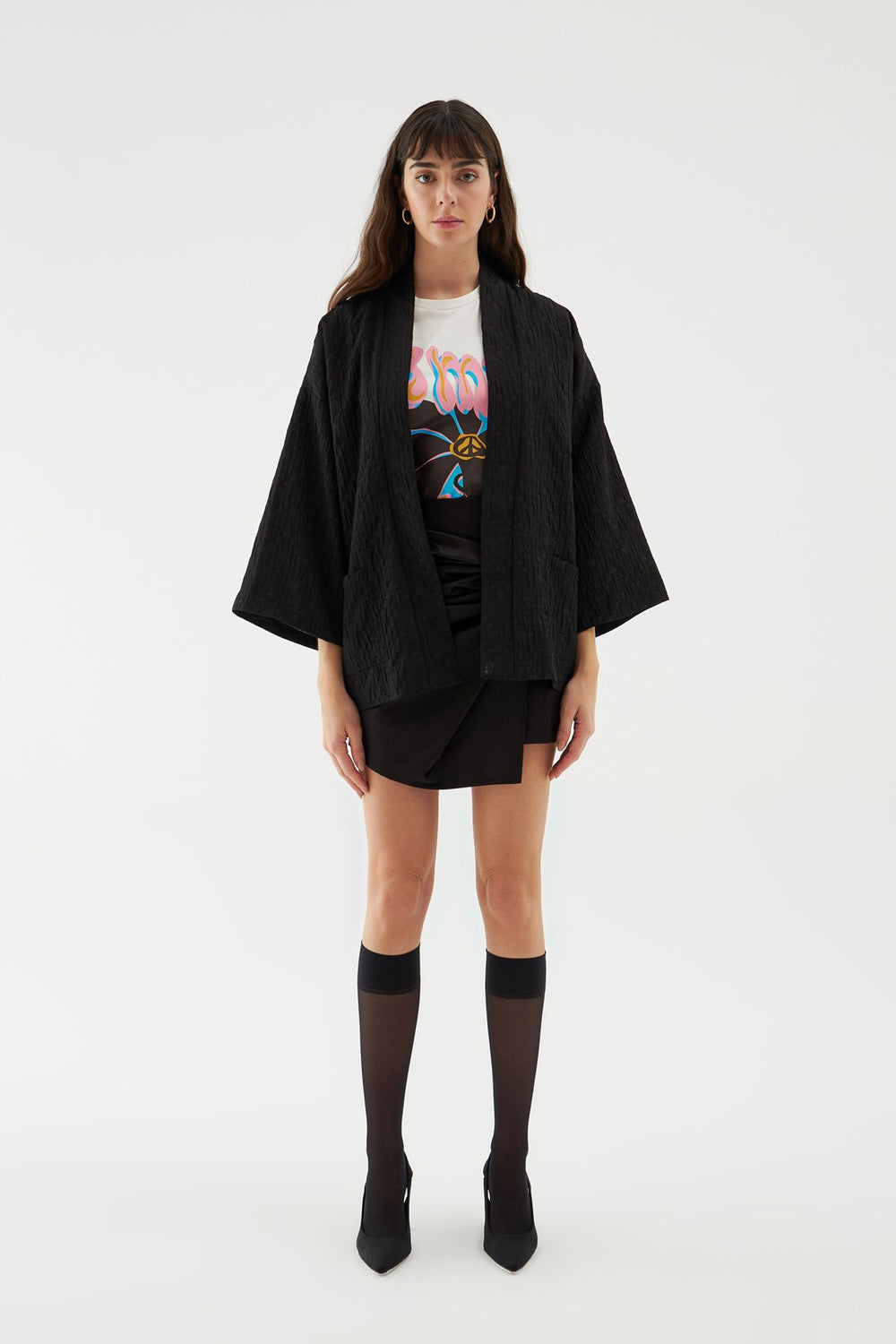 Textured Shawl Collar Jacket Black