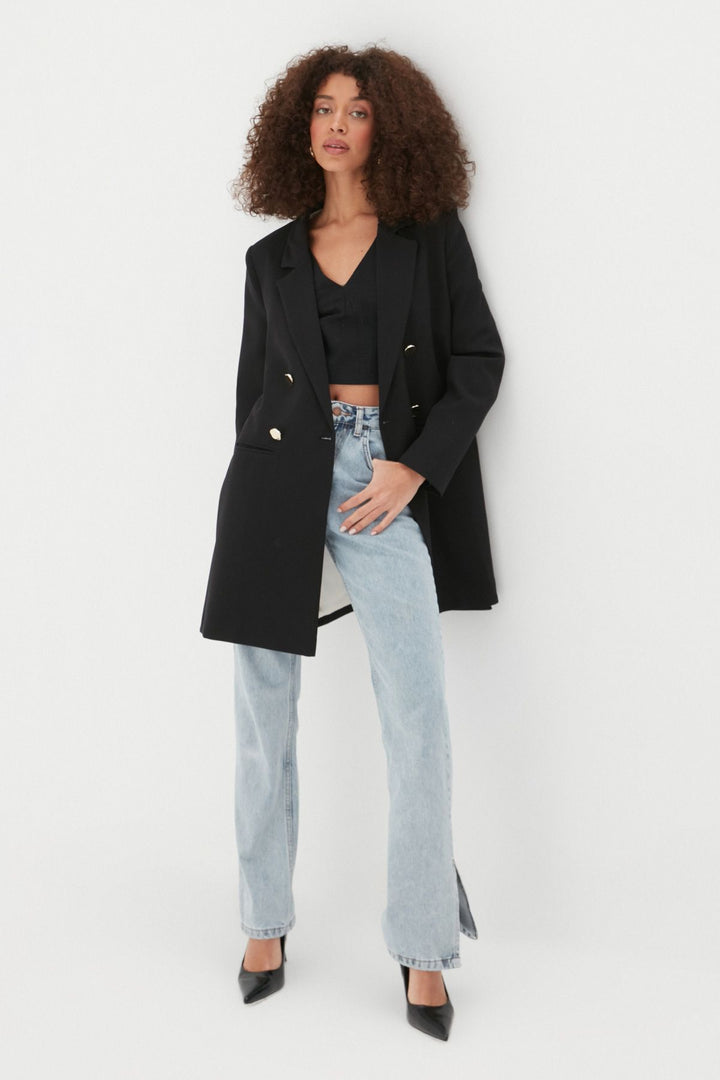 Yanı Yırtmaçlı Uzun Blazer Ceket Siyah