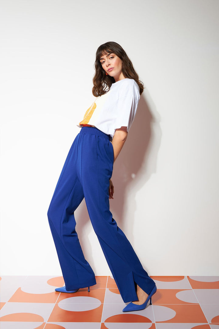 Slit Elastic Waist Trousers Sax