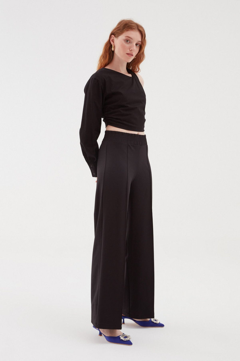 Elastic Waist Wide Trousers Black
