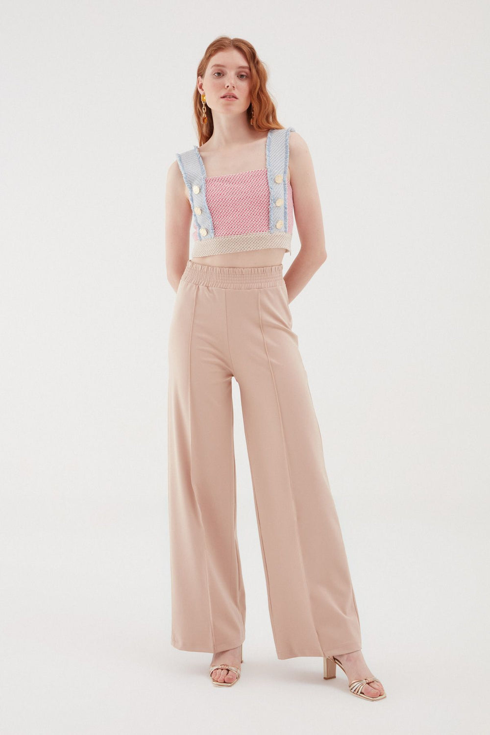 Elastic Waist Wide Trousers Beige