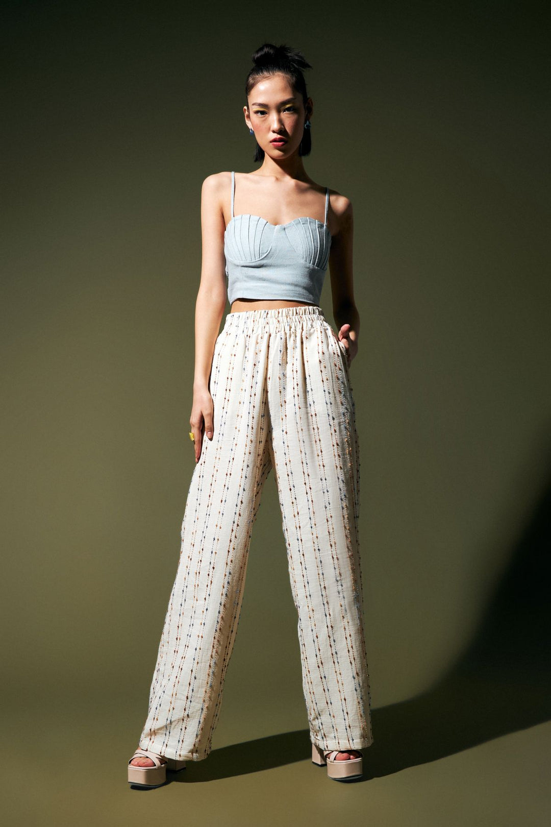 Dokulu Yüksek Bel Pantolon Naturel