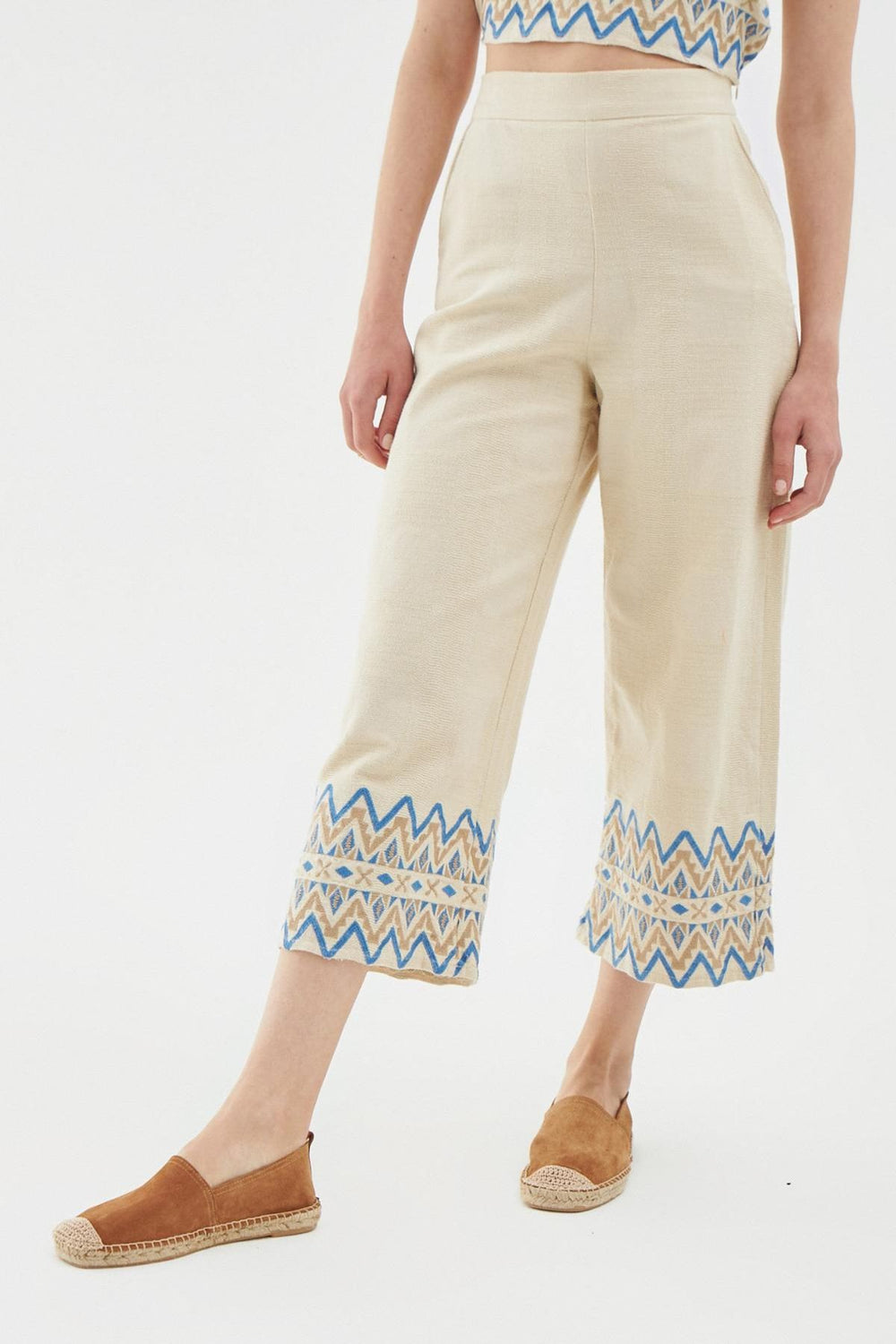 Embroidered Leg Linen Trousers Natural