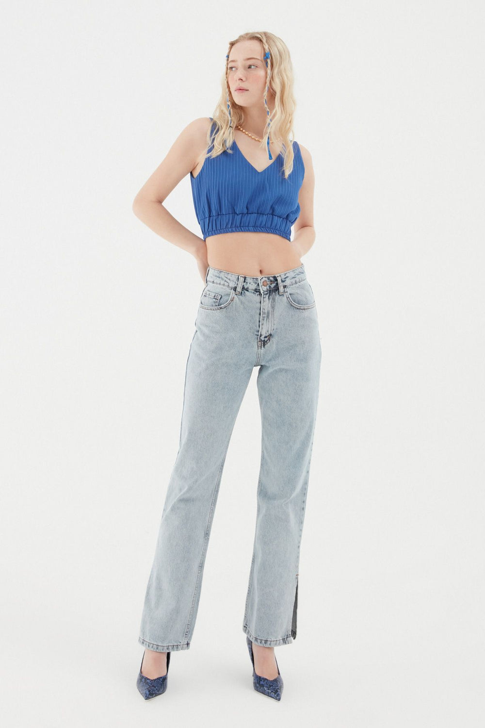 Slit Wide Leg Trousers Ice Blue