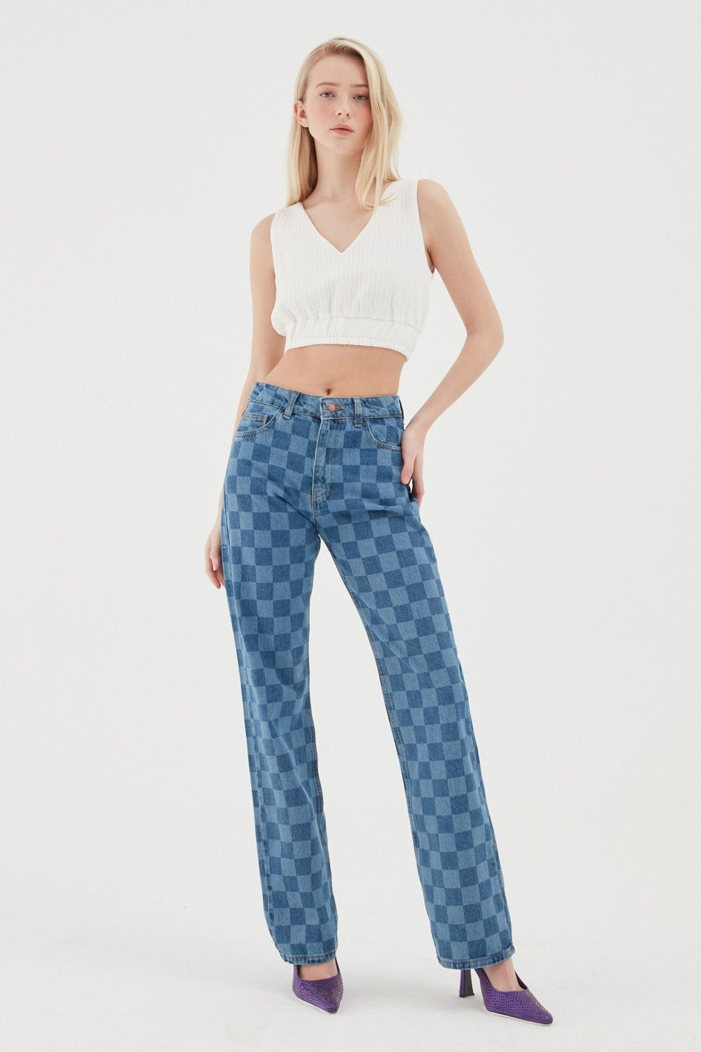 Checkered Jeans Blue