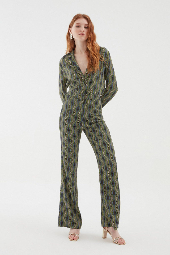 Desenli Bol Paça Pantolon Yeşil