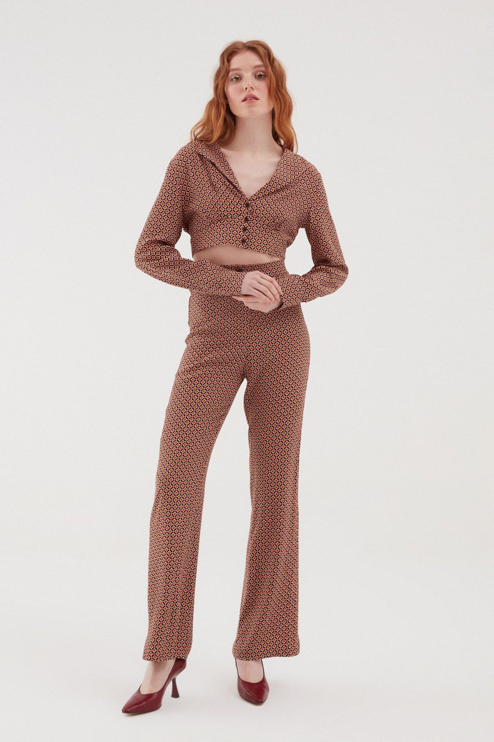 Patterned Elastic Waist Wide Trousers Brown