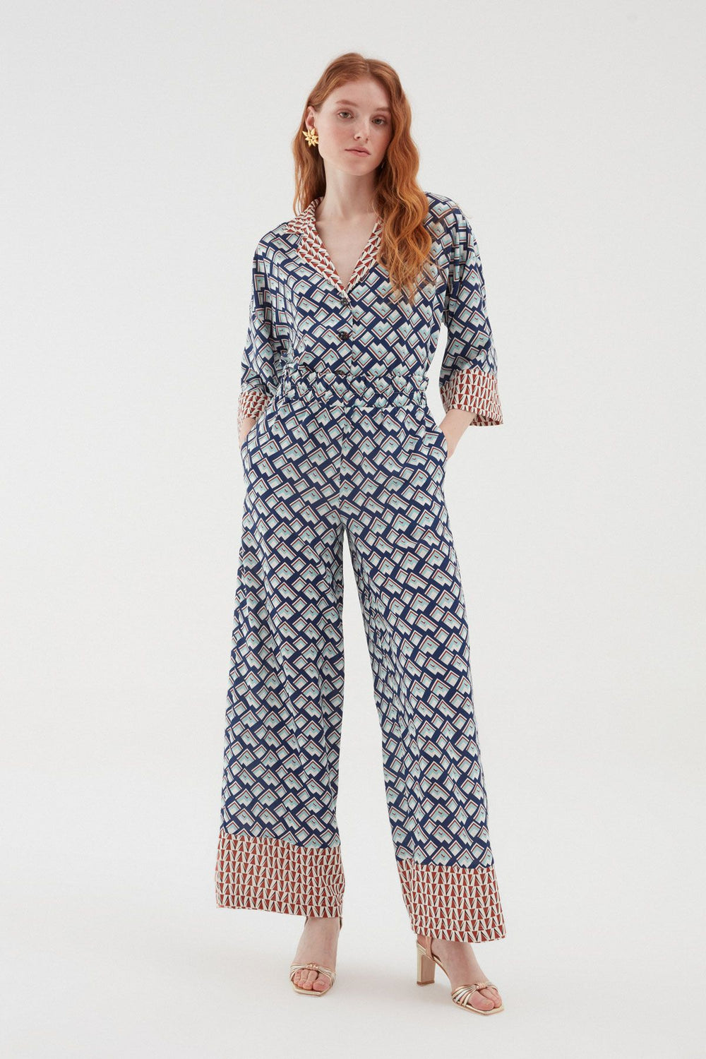 Colorful Patterned Wide Leg Trousers Blue