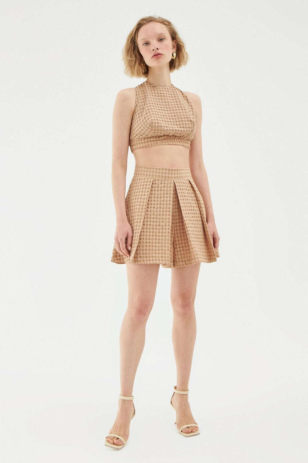 Pleat Detailed Short Skirt Beige