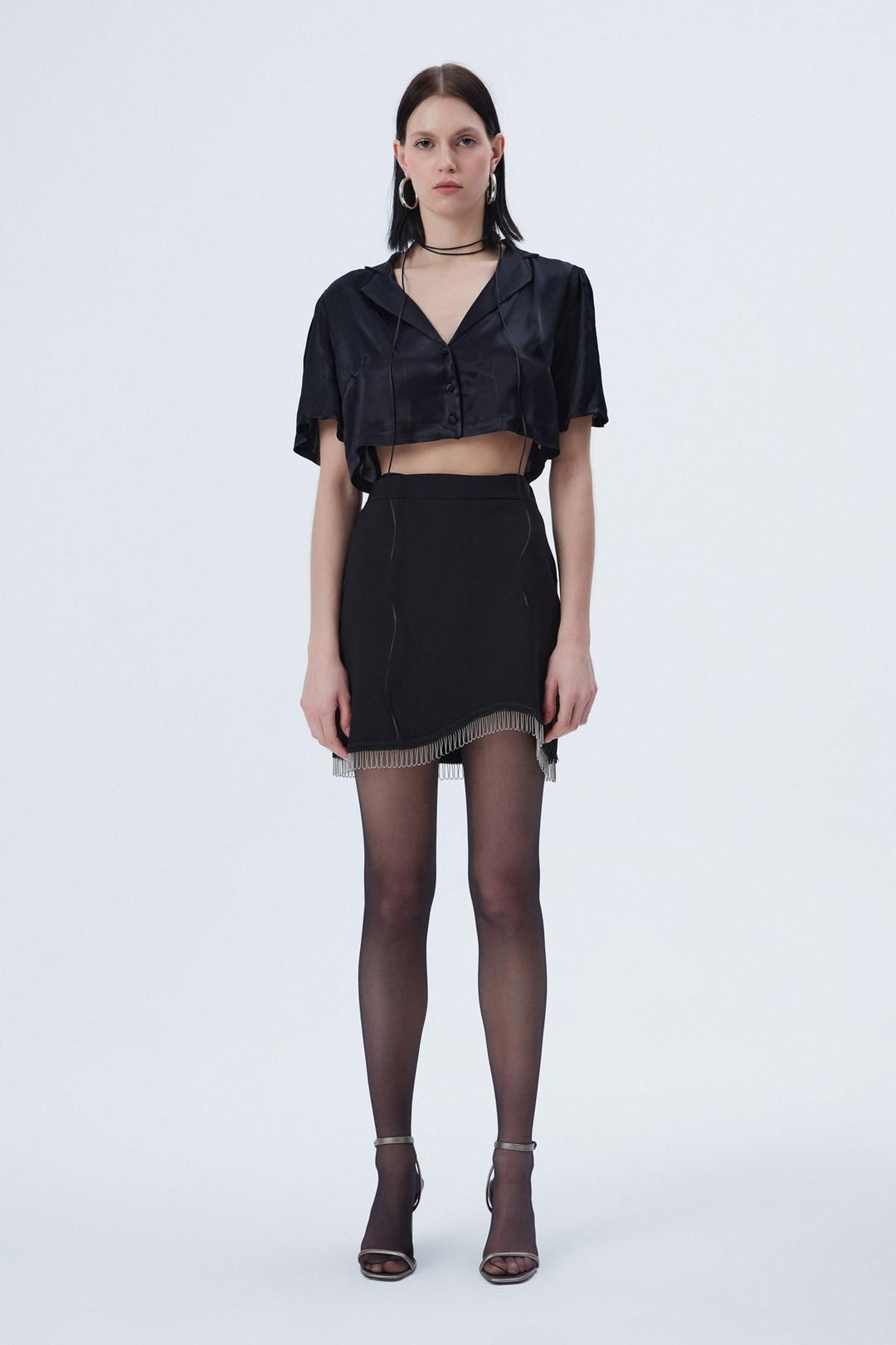 Button Detailed Crop Satin Shirt Black