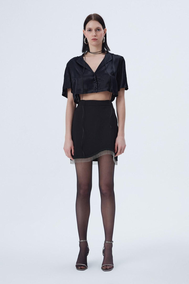 Button Detailed Crop Satin Shirt Black