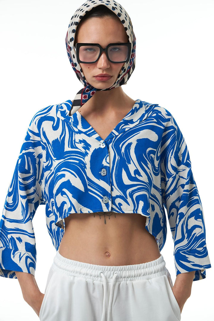 Desenli Keten Crop Gömlek Sax