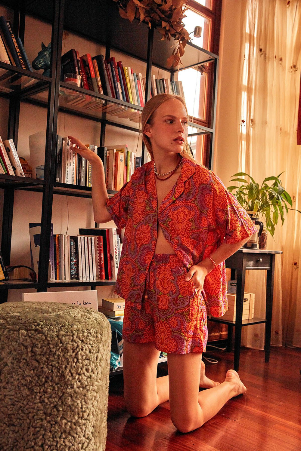 Elastic Waist Patterned Shorts Orange